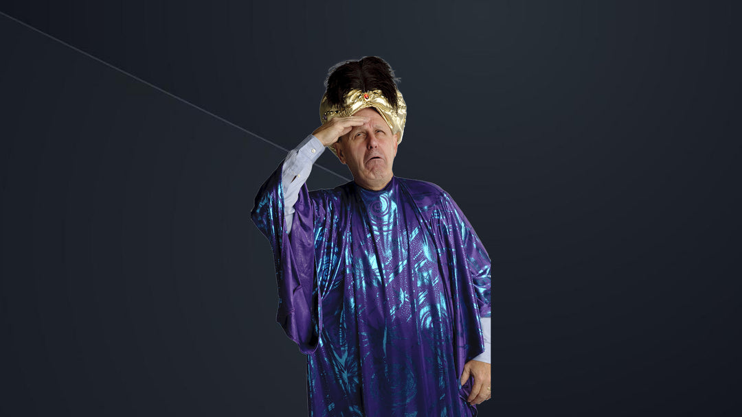 Lead Guru Don Runge Purple Robe Headdress Hands On Head Dark Gray Background Banner FAQ High Resolution 2048x1152